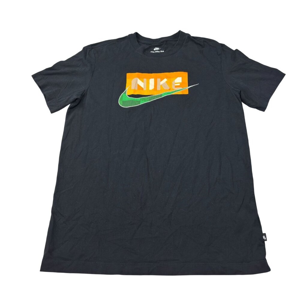Nike M Mens Black Tee With Orange & Green Logo Design